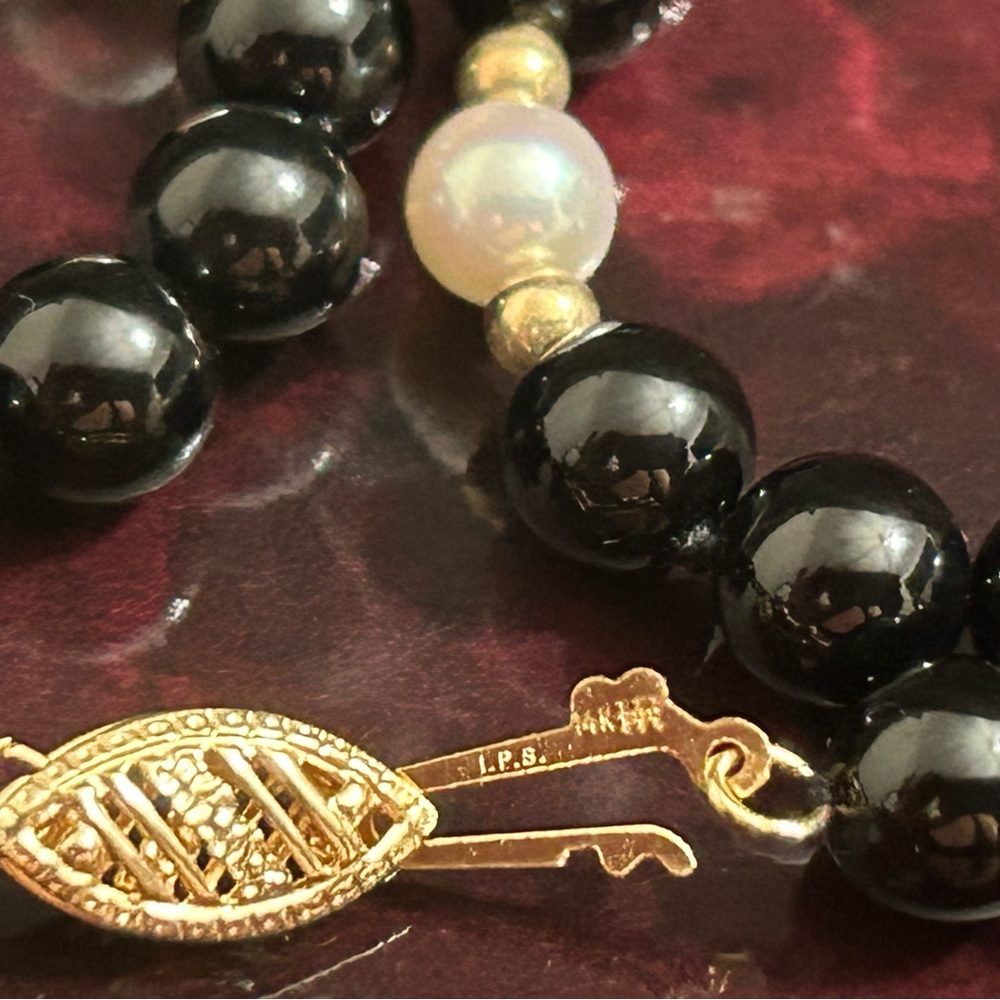 Vintage Black Onyx with Cultured Pearl 14K Gold Necklace, Bracelet, Earring Set